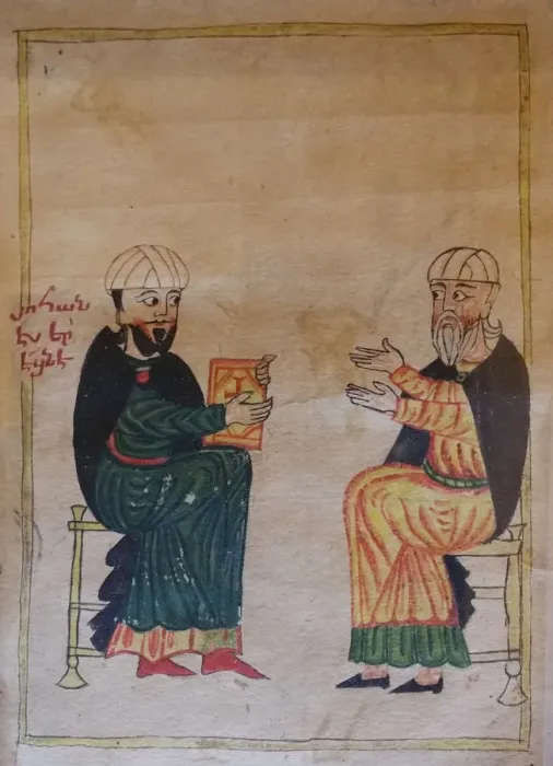Framed Print : The Teaching in an Armenian primary school. Detail of a miniature from Mashtots Matenadaran, 1417