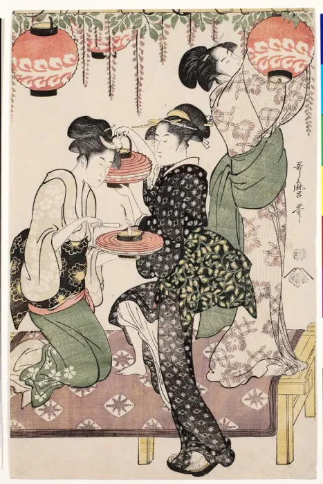 Framed Print : Teahouse girls under a wistaria espalier, 1795. Artist: Utamaro, Kitagawa (1753-1806) Framed Print : Teahouse girls under a wistaria espalier, 1795. Artist: Utamaro, Kitagawa (1753-1806)