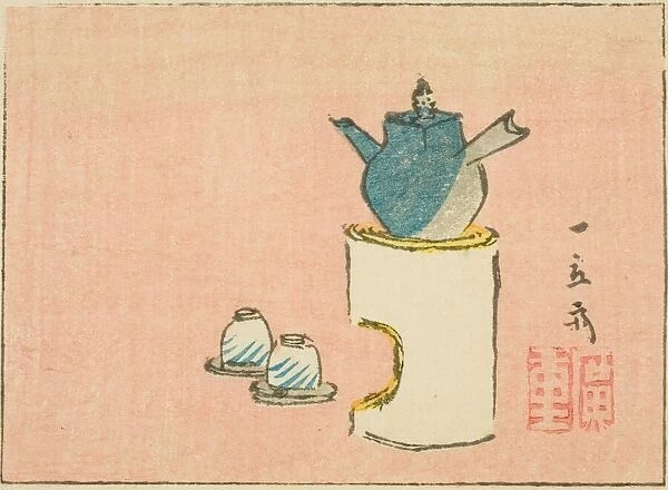 Teapot and cups, section of a sheet from a series of untitled harimaze prints, c. 1850s. Creator: Ando Hiroshige