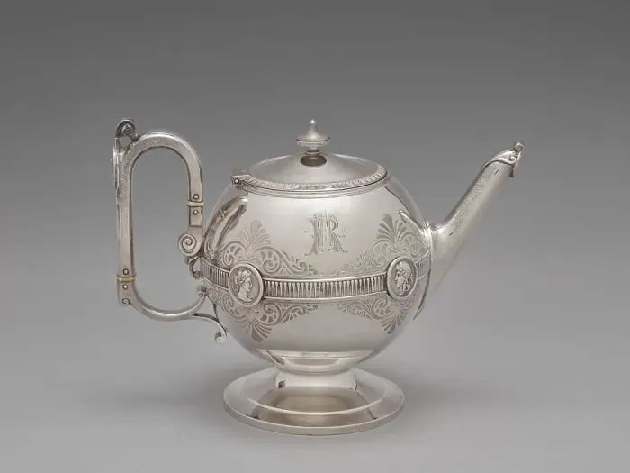 Framed Print : Teapot for the Medallion pattern tea and coffee service, 1864-1867. Creators: George Wilkinson, Gorham Manufacturing Company, J.E. Caldwell & Co Framed Print : Teapot for the Medallion pattern tea and coffee service, 1864-1867. Creators: George Wilkinson, Gorham Manufacturing Company, J.E. Caldwell & Co