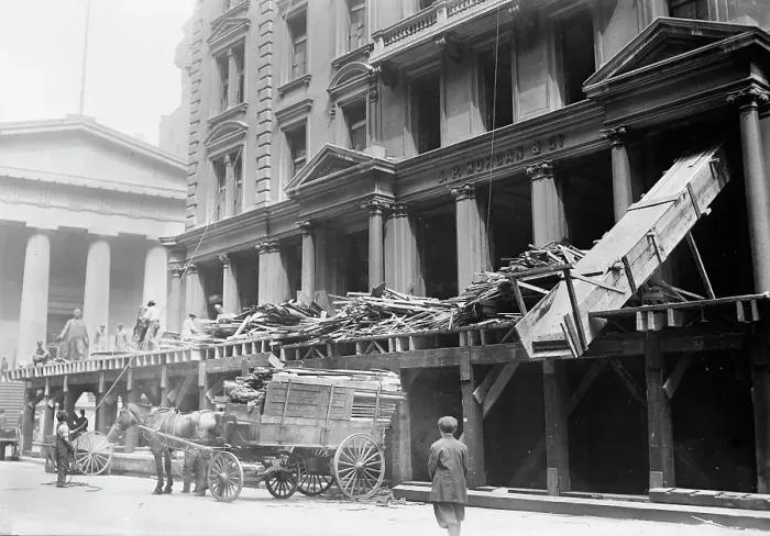Framed Print : Tearing down Morgan offices, 1913. Creator: Bain News Service Framed Print : Tearing down Morgan offices, 1913. Creator: Bain News Service