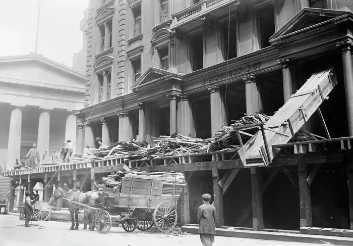 Framed Print : Tearing down Morgan offices, 1913. Creator: Bain News Service Framed Print : Tearing down Morgan offices, 1913. Creator: Bain News Service