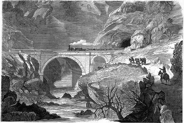 Techas Gorge, bridge over the Bayas river in the Railroad Bilbao to Tudela, engraving 1860