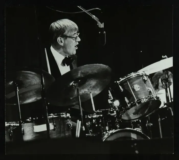 Framed Print : Ted Heath Band drummer Jack Parnell playing at the Forum Theatre, Hatfield, Hertfordshire, 1983 Framed Print : Ted Heath Band drummer Jack Parnell playing at the Forum Theatre, Hatfield, Hertfordshire, 1983