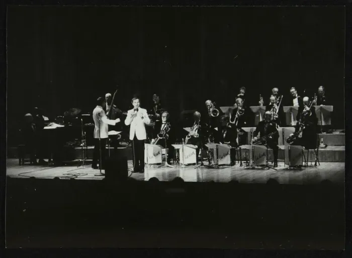 Framed Print : The Ted Heath Orchestra in concert at the Barbican Hall, London, December 1985. Artist Framed Print : The Ted Heath Orchestra in concert at the Barbican Hall, London, December 1985. Artist