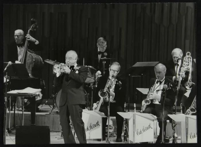 Framed Print : The Ted Heath Orchestra in concert, London 1985. Pictured are Lennie Bush (double bass) Framed Print : The Ted Heath Orchestra in concert, London 1985. Pictured are Lennie Bush (double bass)
