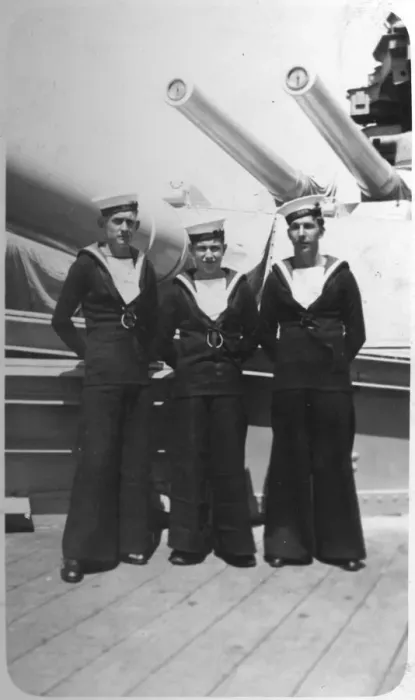 Framed Print : Ted and pals, three Royal Navy sailors on board a warship, c1920s-c1930s(?) Framed Print : Ted and pals, three Royal Navy sailors on board a warship, c1920s-c1930s(?)