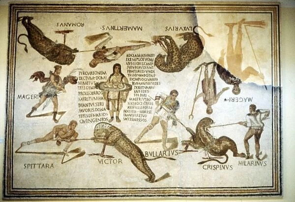 Telegenic Troupe kill leopards at Spectacle, Roman floor mosaic from Moknine, 3rd century