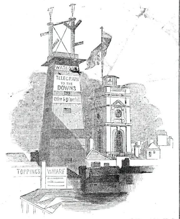 Framed Print : The Telegraph, and Church of St Olafs before the fire, 1843. Creator: Unknown Framed Print : The Telegraph, and Church of St Olafs before the fire, 1843. Creator: Unknown