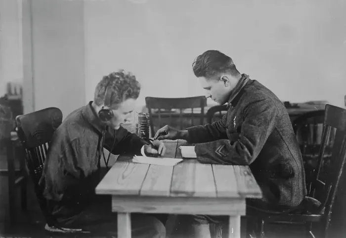 Framed Print : Telegraph lesson - crippled soldiers, 06 Feb 1919. Creator: Bain News Service Framed Print : Telegraph lesson - crippled soldiers, 06 Feb 1919. Creator: Bain News Service