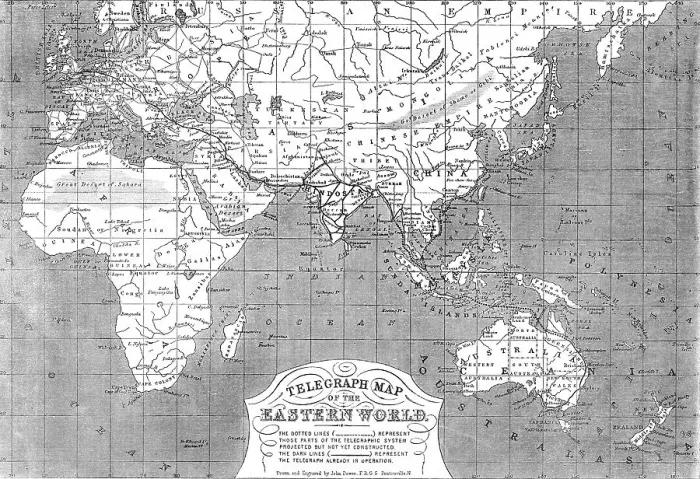 Framed Print : Telegraph map of the Eastern World, 1865. Creator: John Dower Framed Print : Telegraph map of the Eastern World, 1865. Creator: John Dower