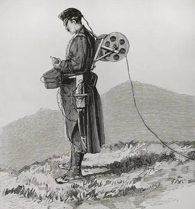 Framed Print : Telegraphist engineer receiving and transmitting dispatches during the march, in the Army... 1878. Creator: Bernardo Rico