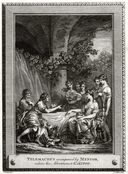 Framed Print : Telemachus accompanied by Mentor, relates his Adventures to Calypso, 1774. Artist: J Collyer Framed Print : Telemachus accompanied by Mentor, relates his Adventures to Calypso, 1774. Artist: J Collyer