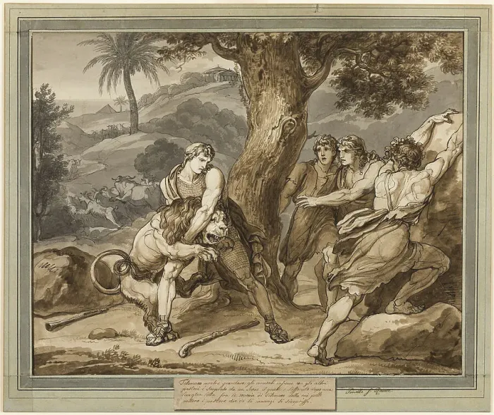 Framed Print : Telemachus Battles the Lion, from The Adventures of Telemachus, Book 2, 1808. Creator: Bartolomeo Pinelli Framed Print : Telemachus Battles the Lion, from The Adventures of Telemachus, Book 2, 1808. Creator: Bartolomeo Pinelli