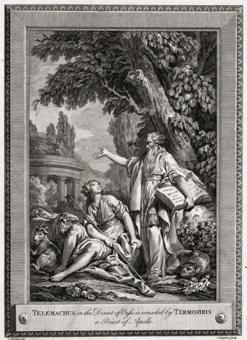 Framed Print : Telemachus, in the Desert of Oasis, is consoled by Termosiris a Priest of Apollo, 1774. Artist: Charles Grignion Framed Print : Telemachus, in the Desert of Oasis, is consoled by Termosiris a Priest of Apollo, 1774. Artist: Charles Grignion