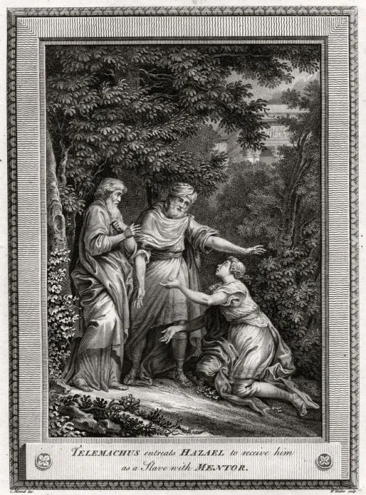 Framed Print : Telemachus entreats Hazael to receive him as a Slave with Mentor, 1775. Artist: W Walker Framed Print : Telemachus entreats Hazael to receive him as a Slave with Mentor, 1775. Artist: W Walker