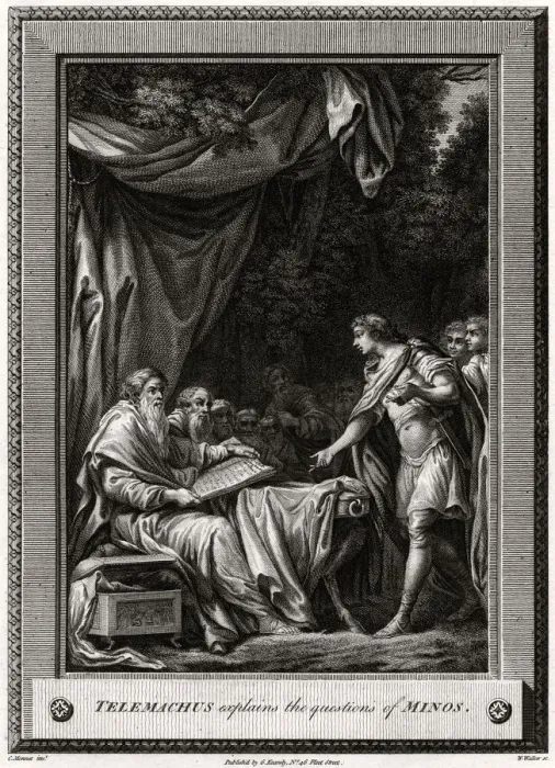 Framed Print : Telemachus explains the questions of Minos, 1776. Artist: W Walker Framed Print : Telemachus explains the questions of Minos, 1776. Artist: W Walker