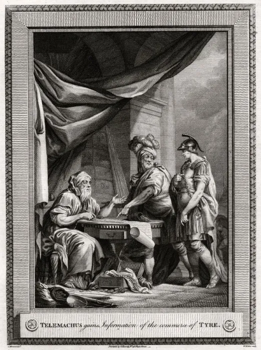 Framed Print : Telemachus gains Information of the commerce of Tyre, 1775. Artist: W Walker Framed Print : Telemachus gains Information of the commerce of Tyre, 1775. Artist: W Walker