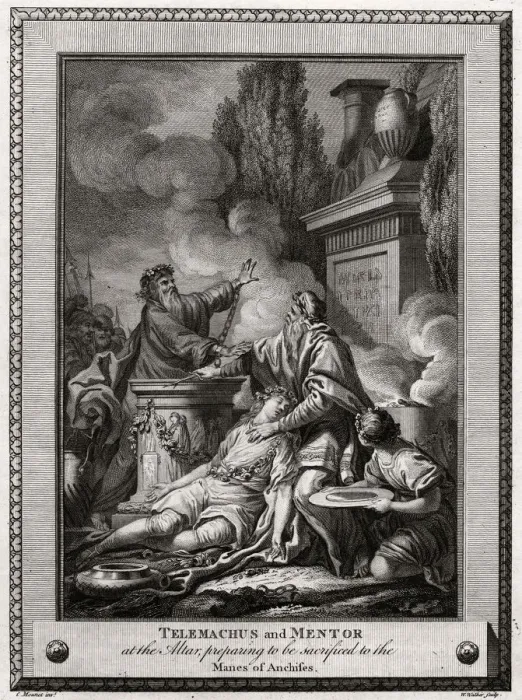 Framed Print : Telemachus and Mentor at the altar, preparing to be sacrificed to the Manes of Anchises, 1774. Artist: W Walker Framed Print : Telemachus and Mentor at the altar, preparing to be sacrificed to the Manes of Anchises, 1774. Artist: W Walker