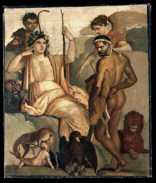 Framed Print : Telephus being suckled by a doe, with Minerva and Hercules. After a fresco. Creator: Unknown Framed Print : Telephus being suckled by a doe, with Minerva and Hercules. After a fresco. Creator: Unknown