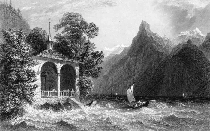 Framed Print : Tells Chapel, Lake Uri, Switzerland, 1836. Artist: R Wallis Framed Print : Tells Chapel, Lake Uri, Switzerland, 1836. Artist: R Wallis