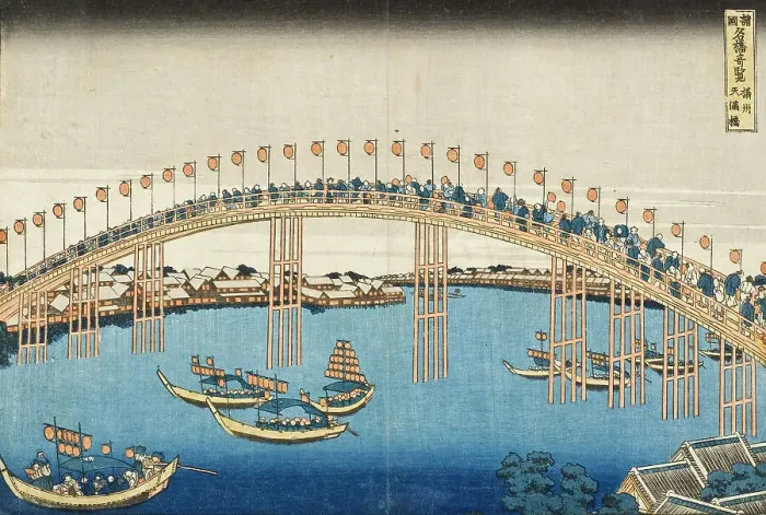 Framed Print : Temma Bridge, Settsu Province, c1835. Creator: Hokusai