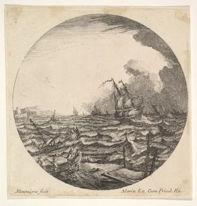 Framed Print : Tempest in a roundel composition, at left waves toss a small ship occupied by seven Framed Print : Tempest in a roundel composition, at left waves toss a small ship occupied by seven