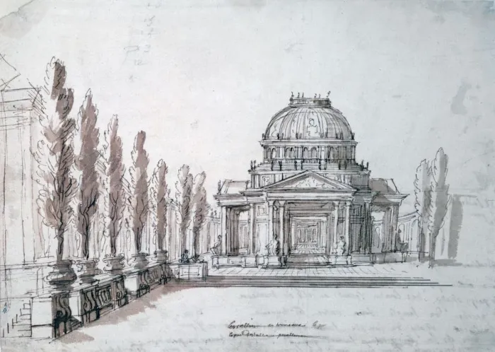 Framed Print : Temple of Apollo, for the opera Achille and Polyxene, c1687. Artist: Jean Berain Framed Print : Temple of Apollo, for the opera Achille and Polyxene, c1687. Artist: Jean Berain