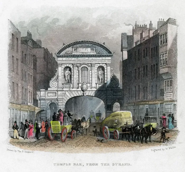 Framed Print : Temple Bar, from the Strand, London, 1829. Artist: W Wallis Framed Print : Temple Bar, from the Strand, London, 1829. Artist: W Wallis