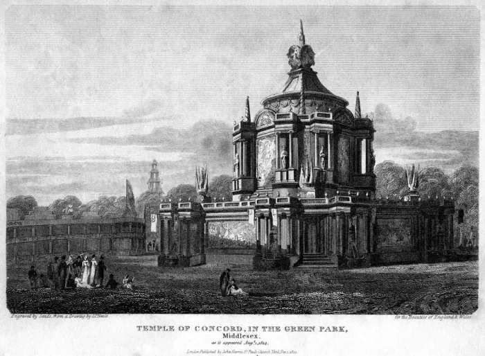 Framed Print : Temple of Concord, Green Park, Westminster, London, 1814. Artist: Sands Framed Print : Temple of Concord, Green Park, Westminster, London, 1814. Artist: Sands