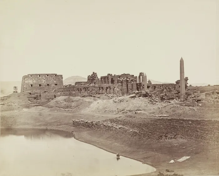 Framed Print : Temple of Karnak from the Sacred Lake. Luxor, East Bank, between 1860 and 1903. Creator: Antonio Beato Framed Print : Temple of Karnak from the Sacred Lake. Luxor, East Bank, between 1860 and 1903. Creator: Antonio Beato