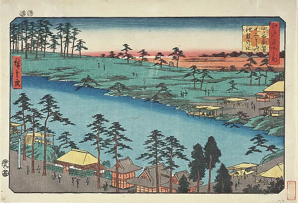 A Temple Beside a Pond at Junisho Quarter, in Tsunohazu District of Yotsuya Area. 19th century. Creator: Ando Hiroshige