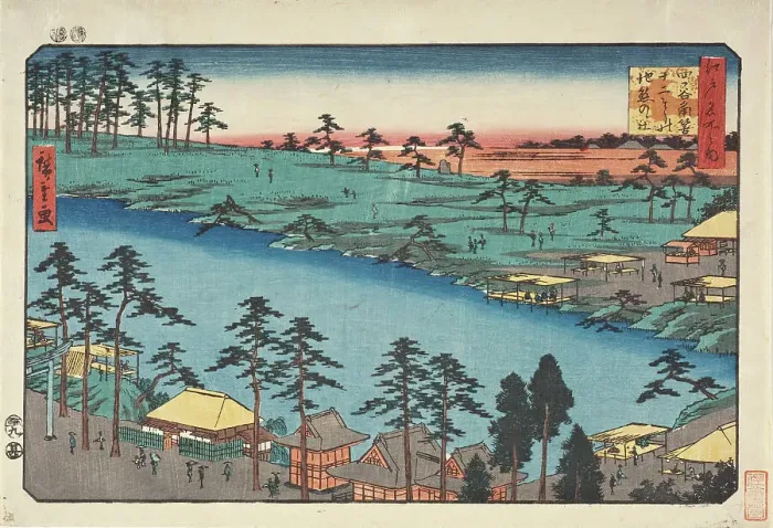 Framed Print : A Temple Beside a Pond at Junisho Quarter, in Tsunohazu District of Yotsuya Area. 19th century. Creator: Ando Hiroshige