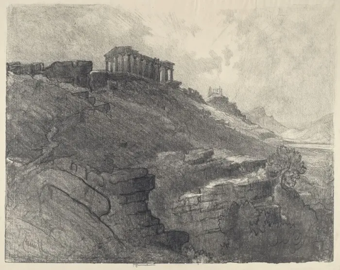Framed Print : The Temples on the Wall, Girgenti, 1913. Creator: Joseph Pennell Framed Print : The Temples on the Wall, Girgenti, 1913. Creator: Joseph Pennell