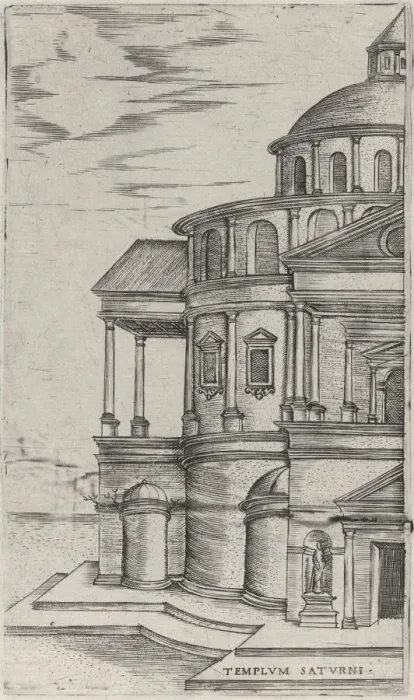 Framed Print : Templum Saturni, from a Series of 24 Depicting (Reconstructed) Buildings from... Plate ca. 1530-50. Creator: Anon Framed Print : Templum Saturni, from a Series of 24 Depicting (Reconstructed) Buildings from... Plate ca. 1530-50. Creator: Anon