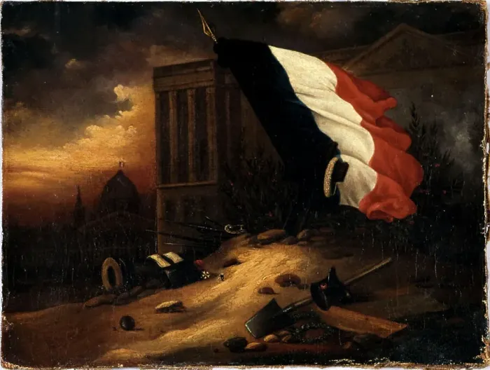 Framed Print : Temporary tomb of victims from July 1830 days, in front of the colonnade of the Louvre, 1830. Creator: Alexandre Barouillet Framed Print : Temporary tomb of victims from July 1830 days, in front of the colonnade of the Louvre, 1830. Creator: Alexandre Barouillet