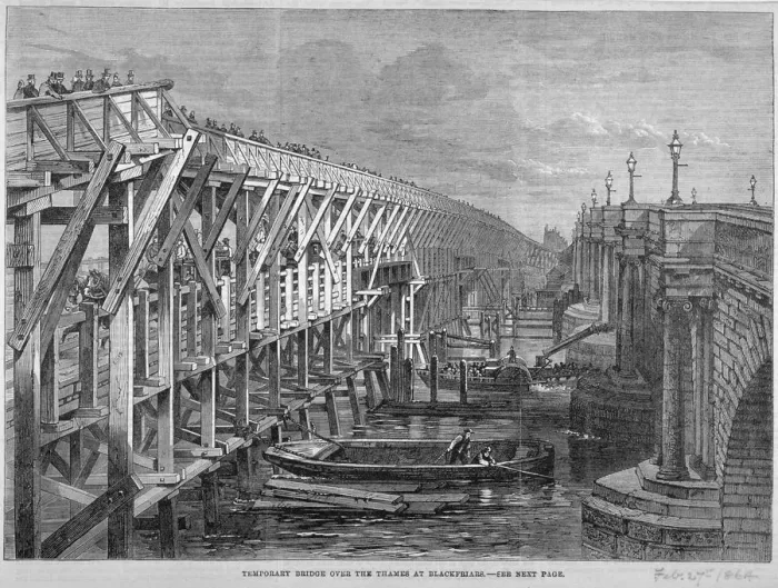 Framed Print : Temporary wooden bridge over the River Thames at Blackfriars, London, 1864 Framed Print : Temporary wooden bridge over the River Thames at Blackfriars, London, 1864