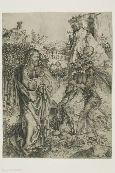 Framed Print : The Temptation of Christ, c. 1475. Creator: Master of the Strache Altar Framed Print : The Temptation of Christ, c. 1475. Creator: Master of the Strache Altar