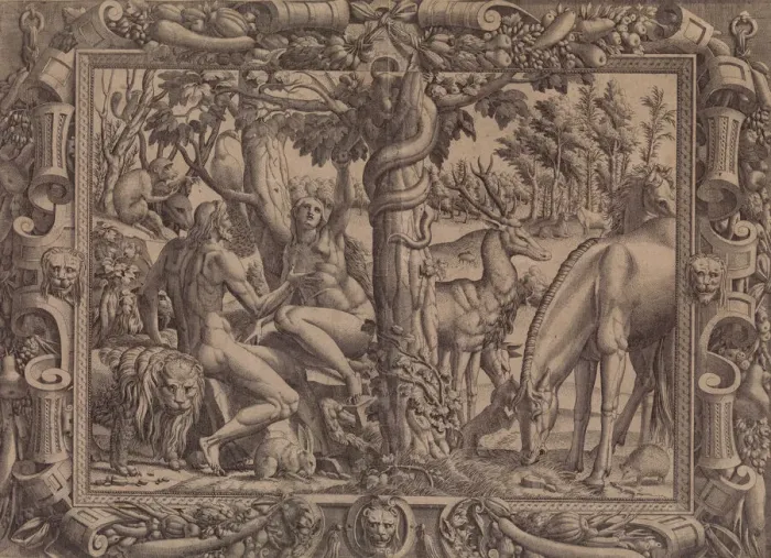 Framed Print : The Temptation of Eve, 1535-55. Creator: Jean Mignon Framed Print : The Temptation of Eve, 1535-55. Creator: Jean Mignon