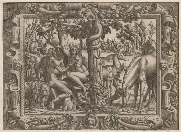 Framed Print : The Temptation of Eve, c. 1545 / 1547. Creator: Jean Mignon (French) Framed Print : The Temptation of Eve, c. 1545 / 1547. Creator: Jean Mignon (French)