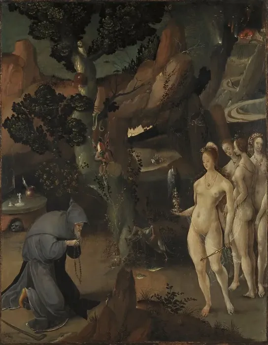 Framed Print : The Temptation of Saint Anthony, 1520. Creator: Jan de Cock Framed Print : The Temptation of Saint Anthony, 1520. Creator: Jan de Cock