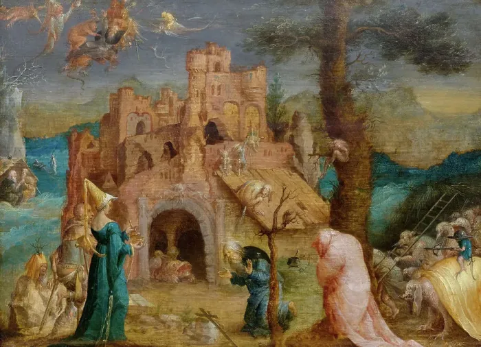 Framed Print : The Temptation of Saint Anthony, 1522-1527. Creator: Cock; Jan Wellens de (ca 1480-1527) Framed Print : The Temptation of Saint Anthony, 1522-1527. Creator: Cock; Jan Wellens de (ca 1480-1527)