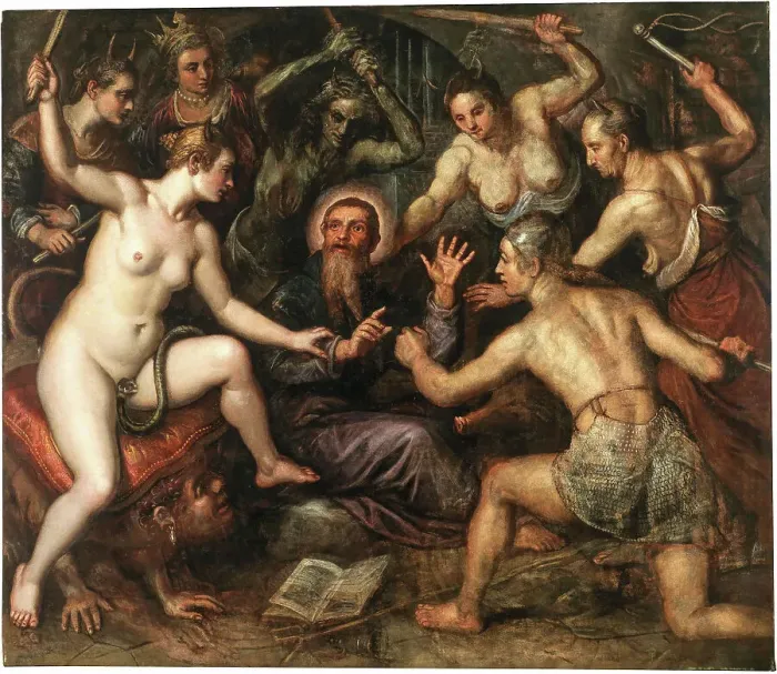 Framed Print : The Temptation of Saint Anthony, Early 17th cen. Creator: Tintoretto, Domenico (1560-1635) Framed Print : The Temptation of Saint Anthony, Early 17th cen. Creator: Tintoretto, Domenico (1560-1635)
