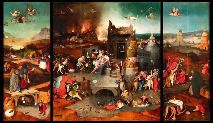Framed Print : The Temptation of Saint Anthony (Triptych), c. 1500. Creator: Bosch, Hieronymus (c. 1450-1516) Framed Print : The Temptation of Saint Anthony (Triptych), c. 1500. Creator: Bosch, Hieronymus (c. 1450-1516)