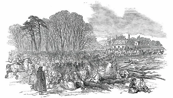 The Tenantry and Pitmen assembling at 'The Towers', at Poynton, 1850. Creator: Unknown. The Tenantry and Pitmen assembling at 'The Towers', at Poynton, 1850. Creator: Unknown