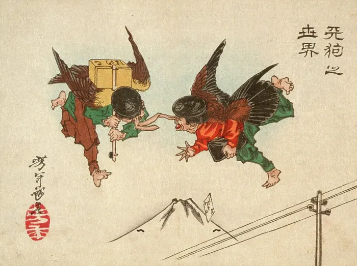 Framed Print : Tengu Messengers Colliding in Midair, 1882. Creator: Tsukioka Yoshitoshi Framed Print : Tengu Messengers Colliding in Midair, 1882. Creator: Tsukioka Yoshitoshi