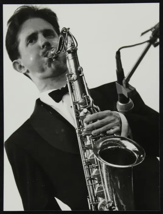 Framed Print : Tenor saxophonist Scott Hamilton playing at Knebworth, Hertfordshire, 1982. Artist Framed Print : Tenor saxophonist Scott Hamilton playing at Knebworth, Hertfordshire, 1982. Artist