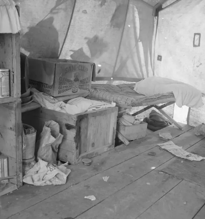 Framed Print : Tent interior in a pea pickers camp, Santa Clara County, California, 1939. Creator: Dorothea Lange Framed Print : Tent interior in a pea pickers camp, Santa Clara County, California, 1939. Creator: Dorothea Lange