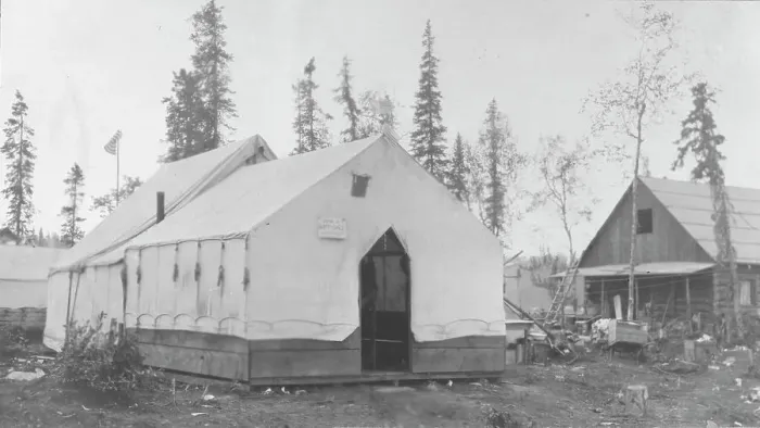 Framed Print : Tent next to log cabin, between c1900 and 1916. Creator: Unknown Framed Print : Tent next to log cabin, between c1900 and 1916. Creator: Unknown