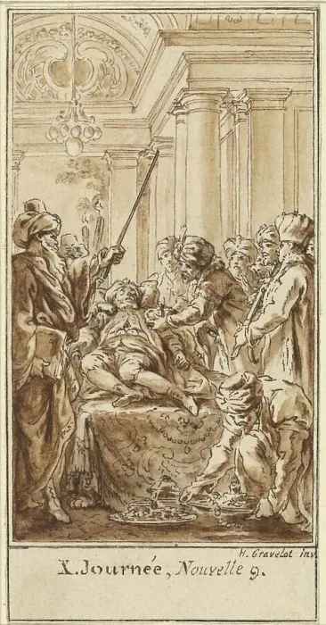 Framed Print : Tenth Day, Ninth Story: Saladin Bestows Rich Gifts on the Sleeping Torello, c. 1757. Creator: Hubert Francois Gravelot Framed Print : Tenth Day, Ninth Story: Saladin Bestows Rich Gifts on the Sleeping Torello, c. 1757. Creator: Hubert Francois Gravelot